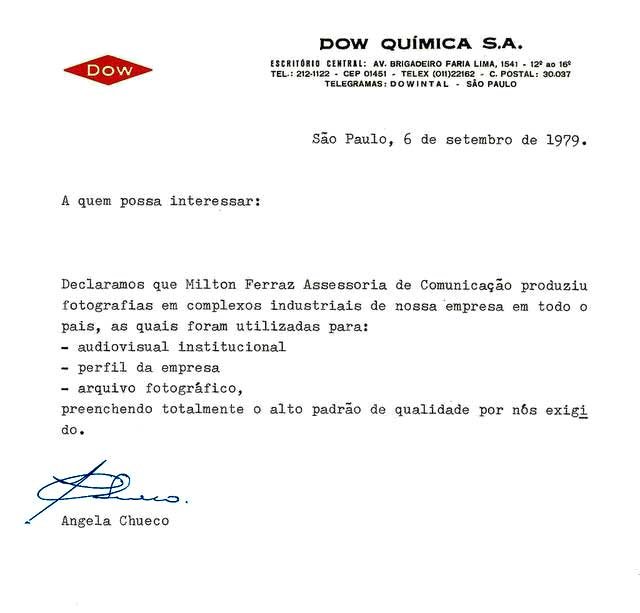 Carta da Dow Química sobre serviços fotográficos