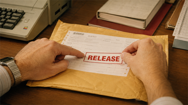 Release sobre envelope em mesa com computador antigo