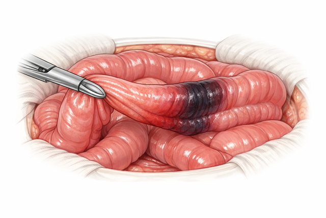 Pinça cirúrgica segurando alça intestinal com área de sofrimento tecidual