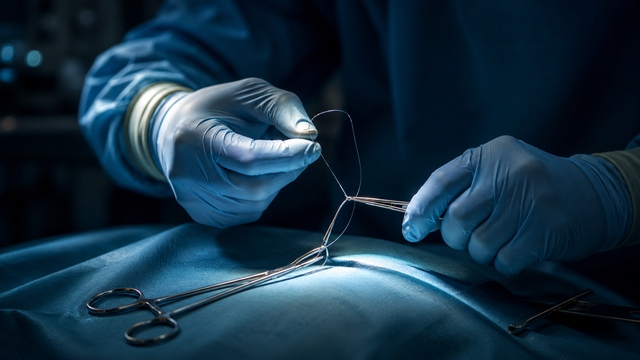 Mãos com luvas manipulando fio e porta-agulha